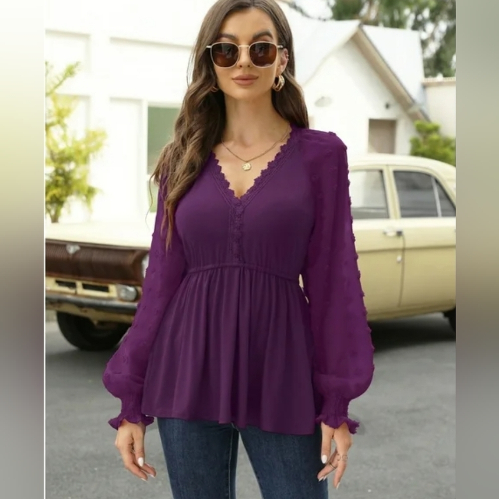 New with tags! Fashion Womens XXL purple vneck swiss dot long sleeve blouse